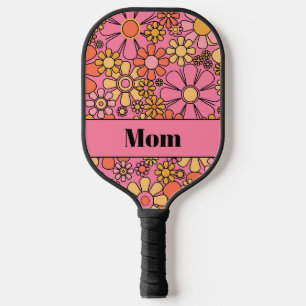 Vintage Aesthetic Groovy Pink Flowers for Mum Pickleball Paddle