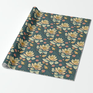 Vintage Aesthetic Lotus Flower Botanical Green Wrapping Paper