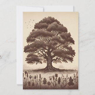 Vintage Aesthetic Oak Tree Line Drawing Holiday Card