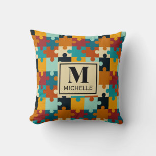 Vintage Aesthetic Puzzle Pieces Pattern Monogram Cushion