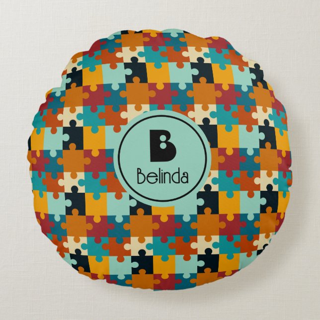 Vintage Aesthetic Puzzle Pieces Pattern Round Cushion (Front)
