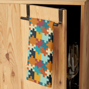 Vintage Aesthetic Puzzle Pieces Pattern Tea Towel