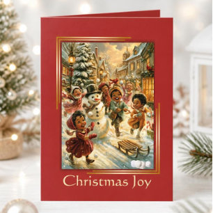 Vintage African American Children and Snowman Holiday Card