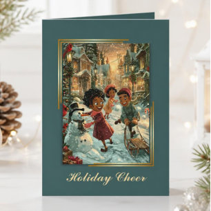 Vintage African American Children Playing in Snow Holiday Card