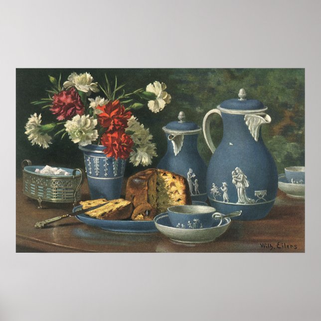 Vintage Afternoon Coffee, Cake, Tea and Flowers Poster (Front)
