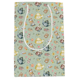 Vintage Afternoon Tea & Roses Pattern on Green Medium Gift Bag