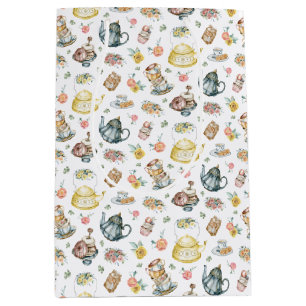 Vintage Afternoon Tea & Roses Pattern on White Medium Gift Bag
