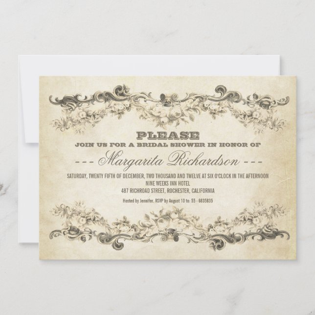 vintage aged bridal shower invitations (Front)
