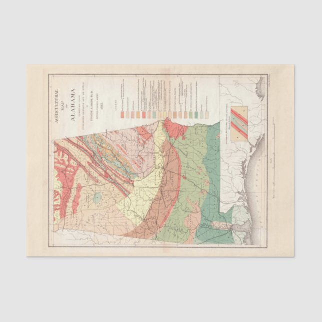 Vintage Agricultural Map of Alabama (1882) Tissue Paper (Front)