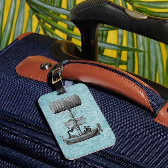 Vintage Airboat |Blue Damask Luggage Tag (Front Insitu 1)