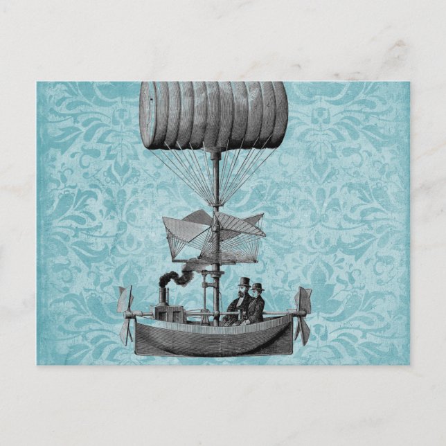 Vintage Airboat |Blue Damask Postcard (Front)