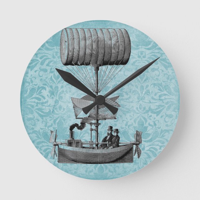 Vintage Airboat |Blue Damask Round Clock (Front)