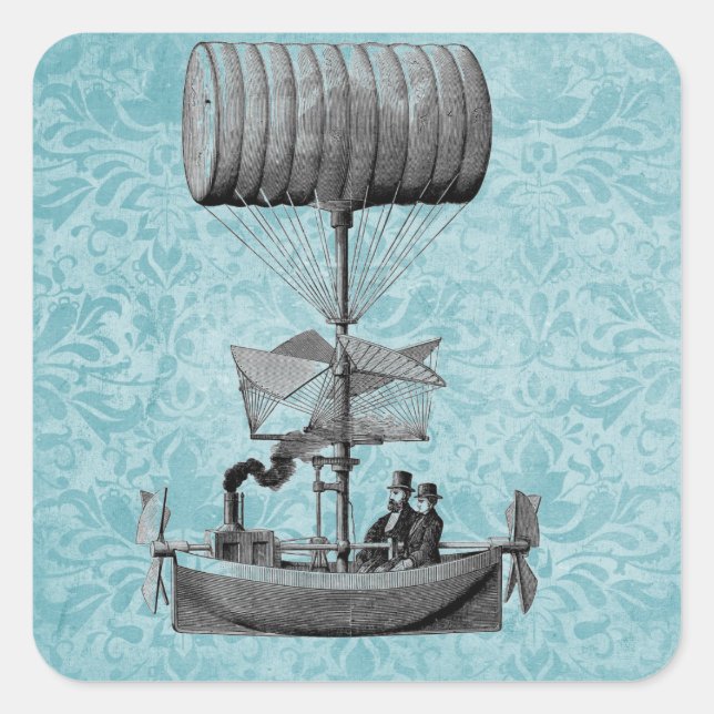 Vintage Airboat |Blue Damask Square Sticker (Front)