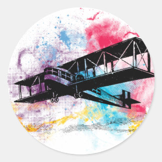 Vintage Aircraft with colourful clouds Classic Round Sticker