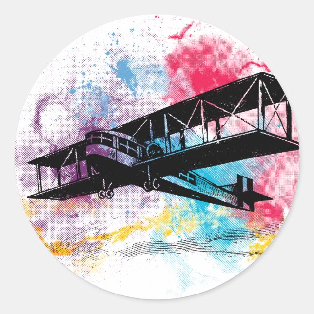 Vintage Aircraft with colourful clouds Classic Round Sticker (Front)
