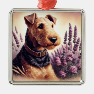 Vintage Airedale Terrier Painting Metal Tree Decoration