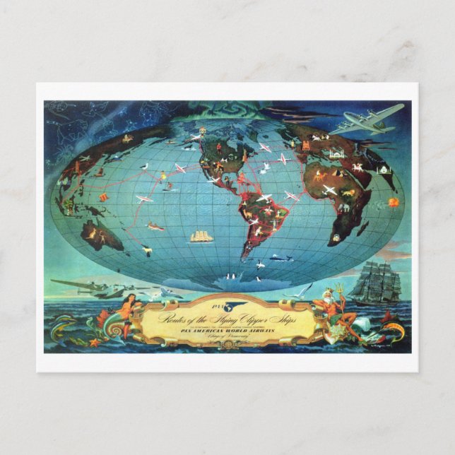 Vintage Airline Route World Map Travel Postcard (Front)