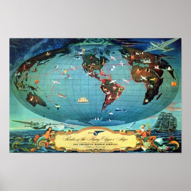 Vintage Airline Route World Map Travel Poster (Front)