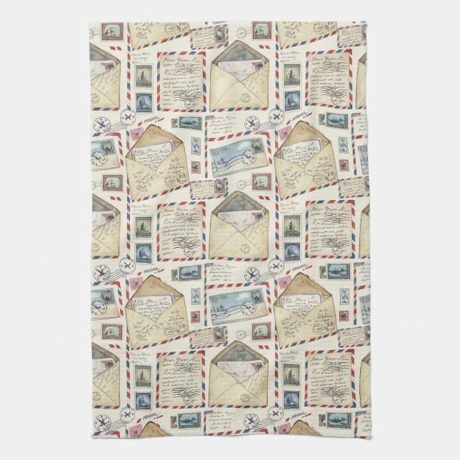 Vintage Airmail Adventure (2) Tea Towel (Vertical)