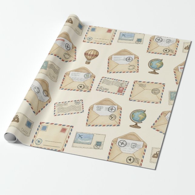 Vintage Airmail Adventure (4) Wrapping Paper (Unrolled)