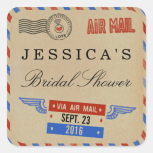 Vintage Airmail Bridal Shower Favour Square Sticker