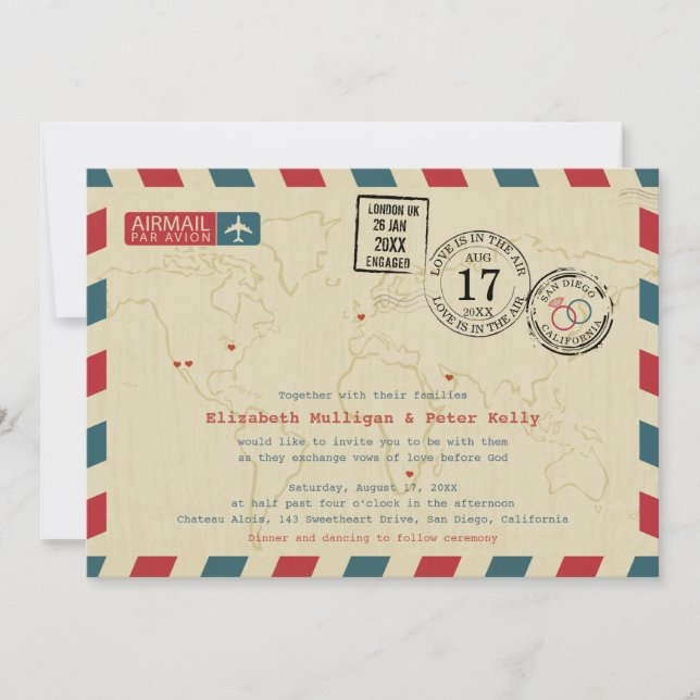 Vintage Airmail World Traveller Wedding Invitation (Front)