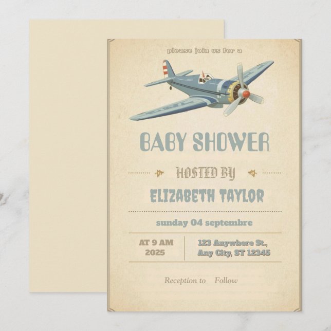Vintage Airplane baby shower Invitation (Front/Back)