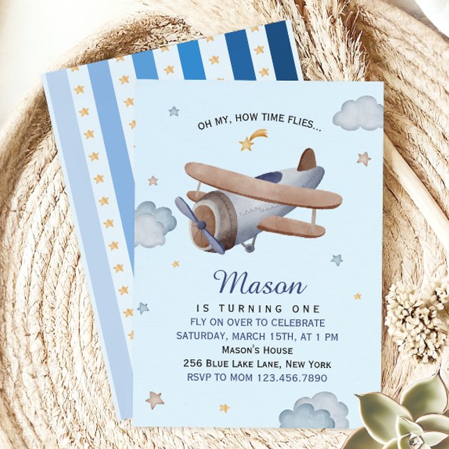 Vintage Airplane Blue Sky First Birthday Invitation (Creator Uploaded)