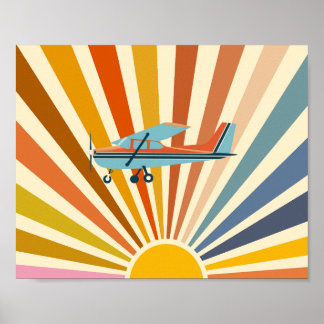 Vintage Airplane Cessna Retro Sunset Colorful Poster
