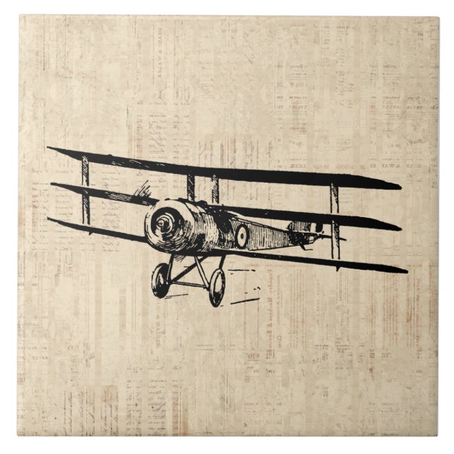 Vintage Airplane Old Antique Plane Illustration Tile (Front)