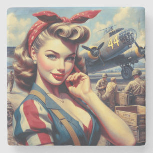 Vintage Airplane Pin Up Stone Coaster