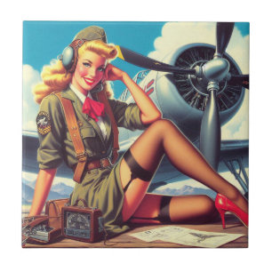 Vintage Airplane Pin-Up Tile