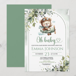 Vintage Airplane Teddy Bear Baby Shower Invitation