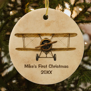 Vintage Airplane Whimsical Aviator 1st Christmas Ceramic Tree Decoration