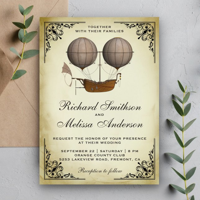 Vintage Airship Hot Air Balloon Wedding Invitation (Creator Uploaded)