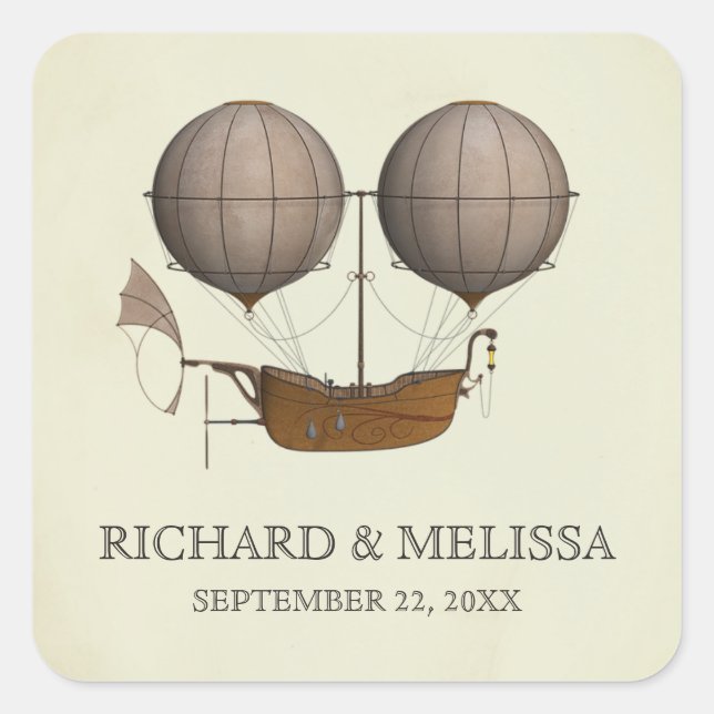 Vintage Airship Hot Air Balloon Wedding Square Sticker (Front)