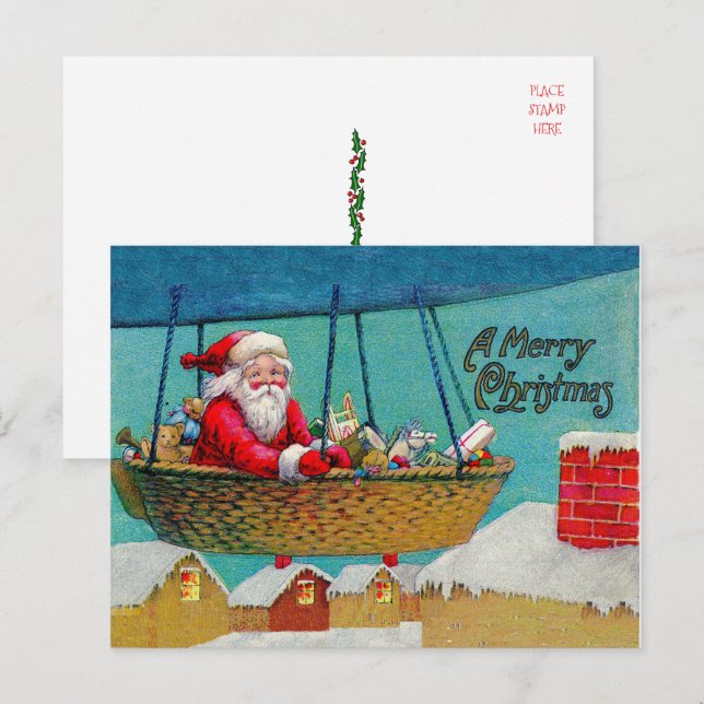 Vintage Airship Santa Christmas Holiday Postcard (Front/Back)