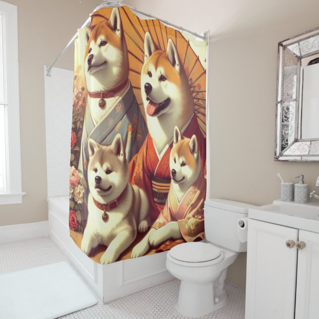 Vintage Akita Dog Painting Shower Curtain (In Situ)