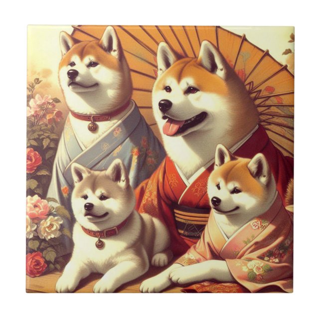 Vintage Akita Dog Painting Tile (Front)