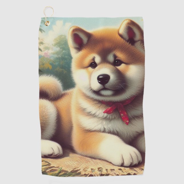 Vintage Akita Oil Painting Golf Towel (Front)