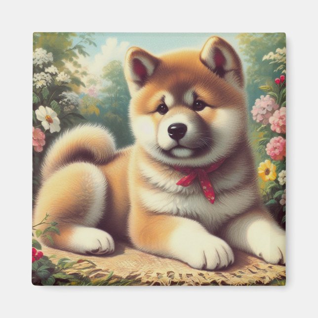 Vintage Akita Oil Painting Magnet (Front)