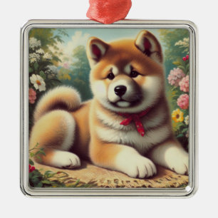 Vintage Akita Oil Painting Metal Tree Decoration
