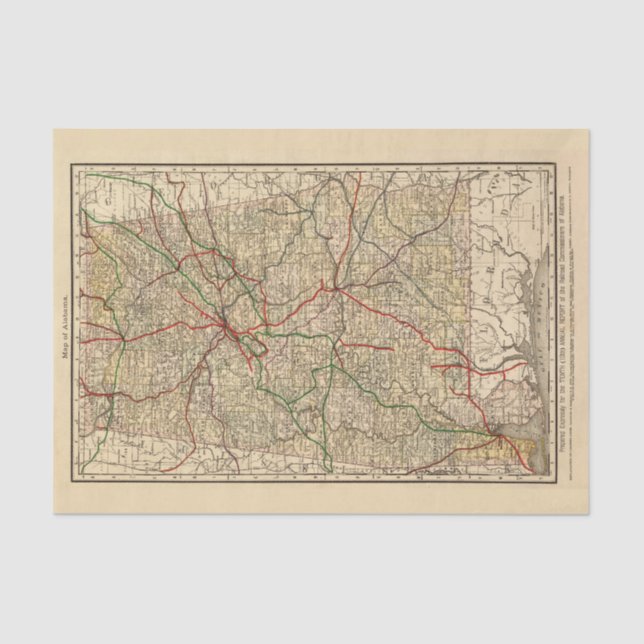 Vintage Alabama Railroad Map (1888) Tissue Paper (Front)