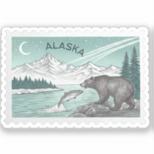 Vintage Alaska Grizzly Bear Salmon Mountain Stamp