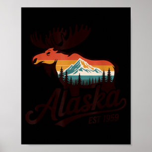 Vintage Alaska Moose Mountain Sunset Retro Poster