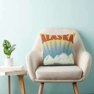 Vintage Alaska Travel Poster Art, Scenic Landscape Cushion