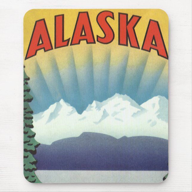 Vintage Alaska Travel Poster Art, Scenic Landscape Mouse Mat (Front)