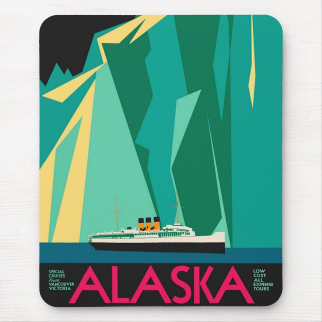 Vintage Alaska Travel Poster Art, Taku Glacier Mouse Mat (Front)