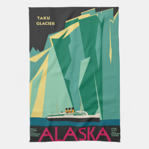 Vintage Alaska Travel Poster Art, Taku Glacier Tea Towel