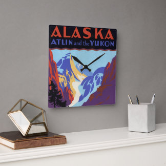 Vintage Alaska Travel Poster, Atlin and the Yukon Square Wall Clock